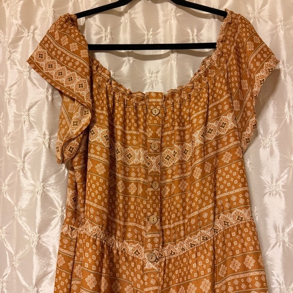 VICI Bohemian Off-Shoulder Maxi Dress - Brown Tan High Low Ruffle Boho Festival - Picture 6 of 13